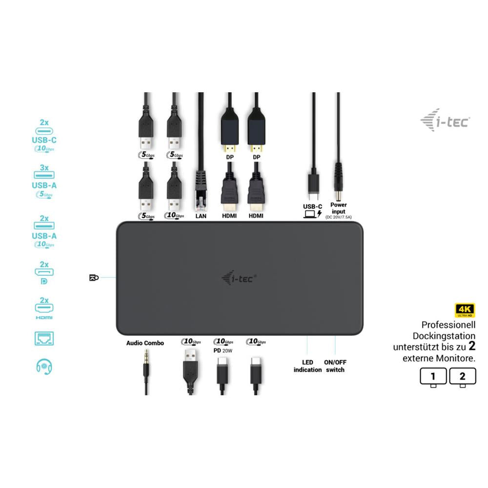 i-tec USB 3.0 / USB-C / Thunderbolt 3 Professional Dual 4K Display Docking Station Gen2 + PD 100W