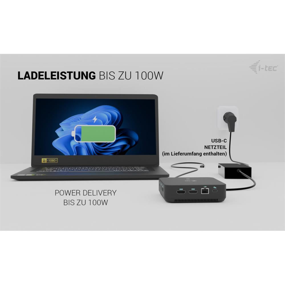i-tec USB-C DP Dual HDMI Docking Station + 100-W-USB-C-Ladegerät – Triple 4K, LAN, Audio, VESA