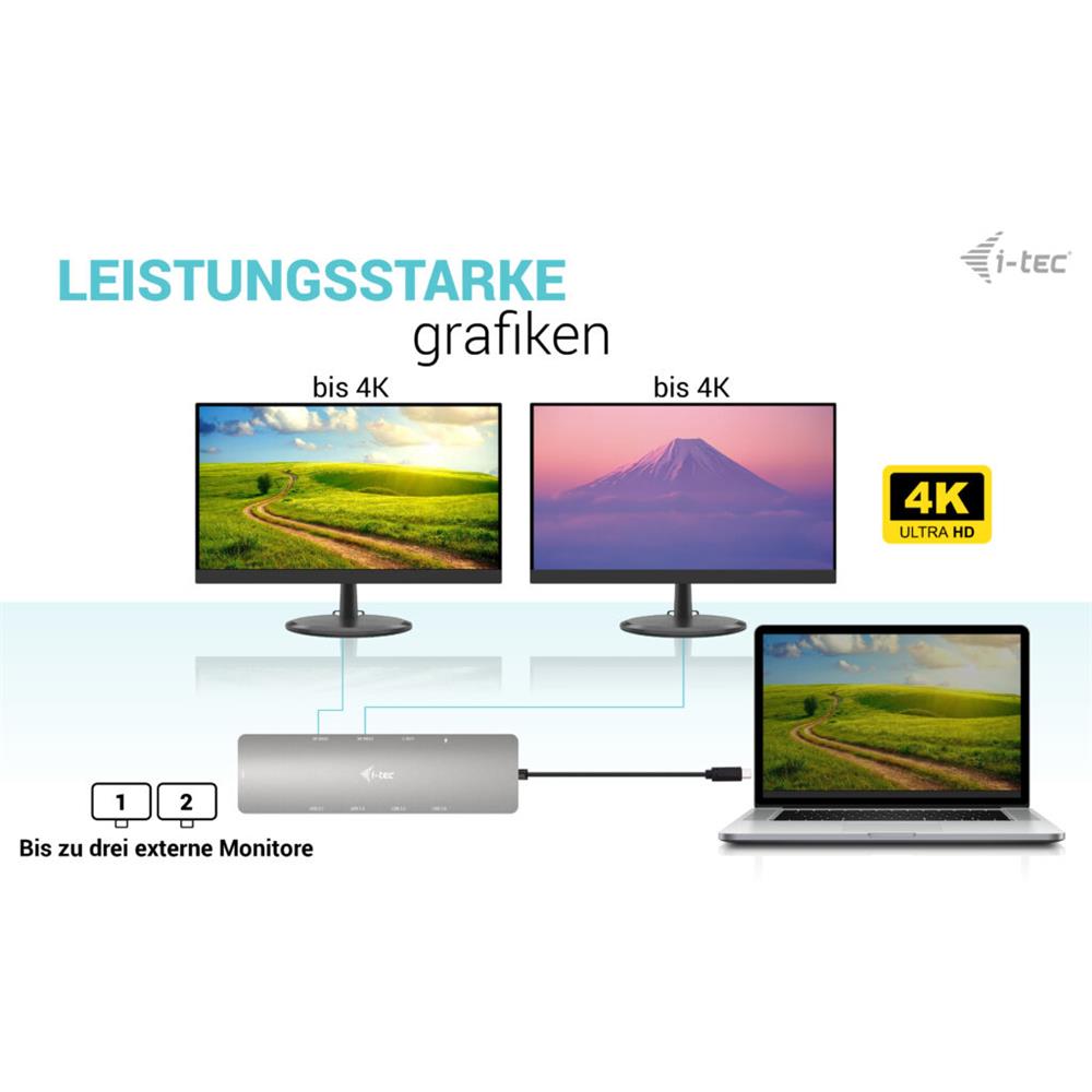 i-tec USB-C Metal Nano 2x Display Docking Station with PD 100 W + Charger 100W