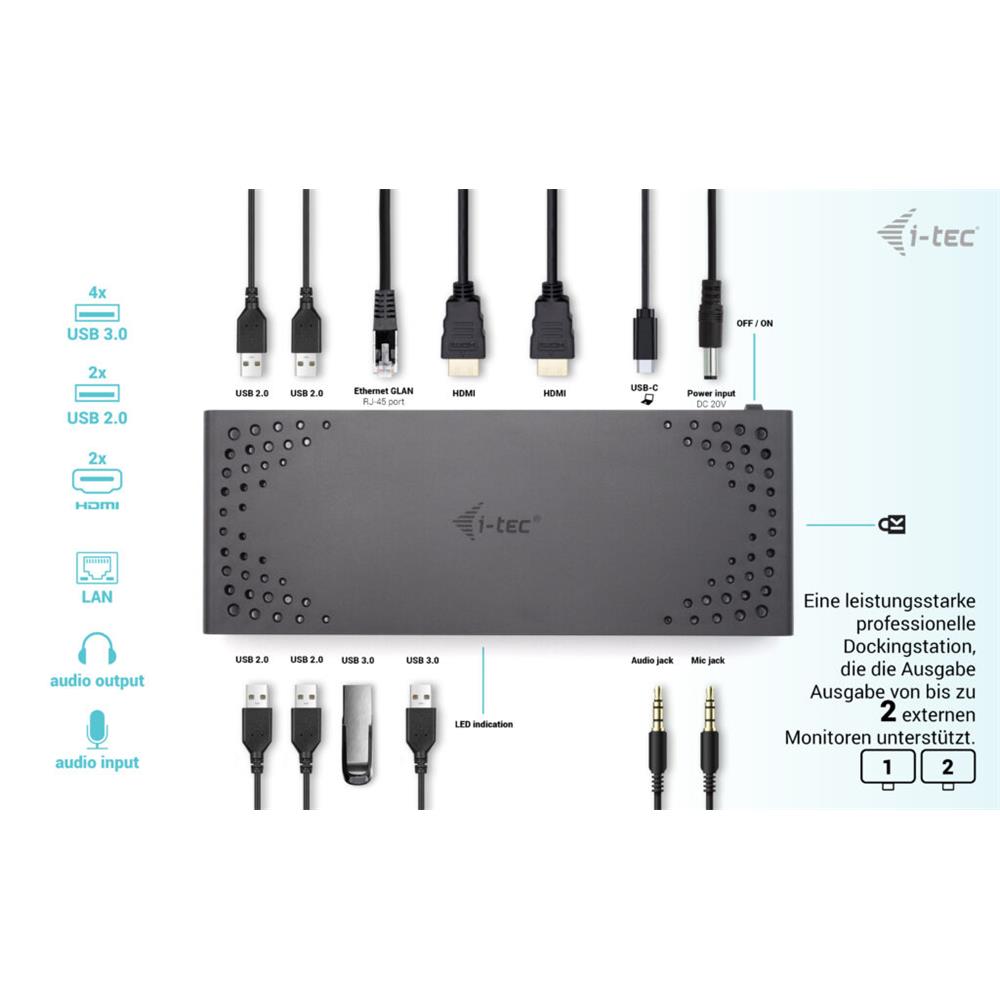 i-tec USB 3.0/USB-C/Thunderbolt Dual Display Docking Station mit Power Delivery 85W