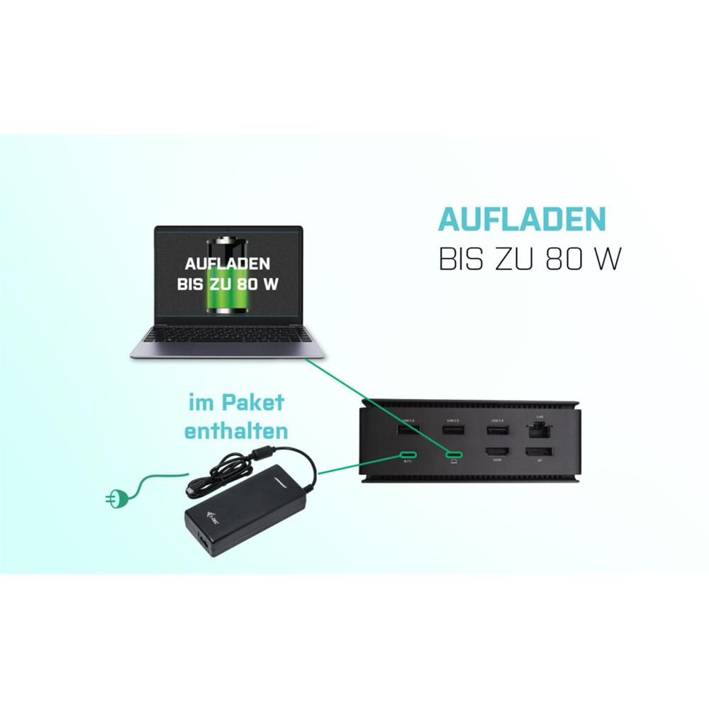 i-tec USB4 Metall-Docking Station Dual 4K HDMI DP mit PD 80 W + i-tec Universal-Ladegerät 112 W