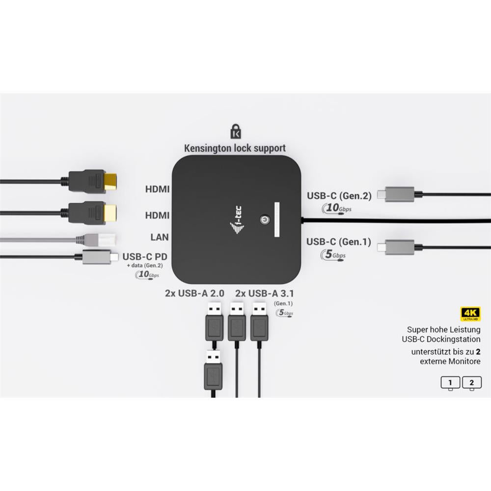 i-tec USB-C Dual HDMI Docking Station + 100 W Ladegerät – 2x 4K, LAN, 6x USB, Audio, VESA
