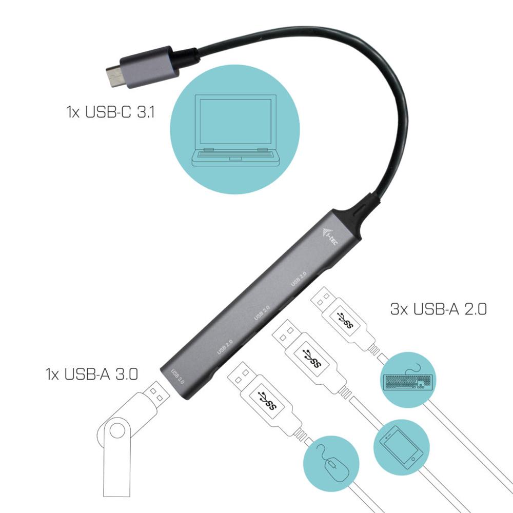 i-tec USB-C Metal HUB 1x USB 3.0 + 3x USB 2.0 Silber mit integriertem USB-C-Kabel