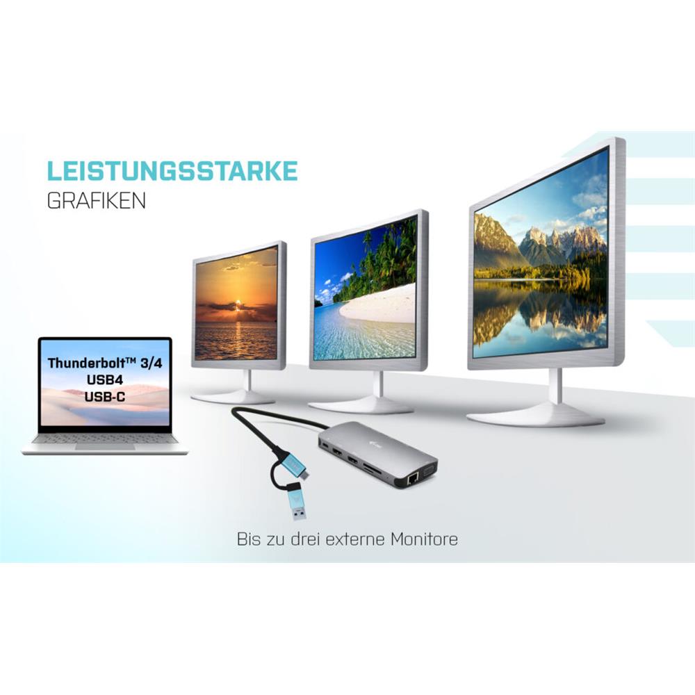 i-tec USB 3.0 USB-C/Thunderbolt 3x Display Metall-Nano-Dock mit LAN + Power Delivery 100 W