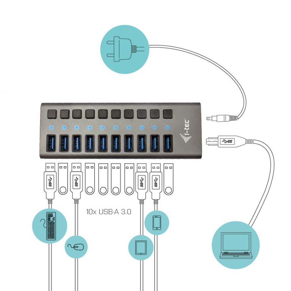 i-tec USB 3.0 Charging HUB 10-Port mit Netzadapter 48 W 10x USB 3.0 Ladeport für Notebook
