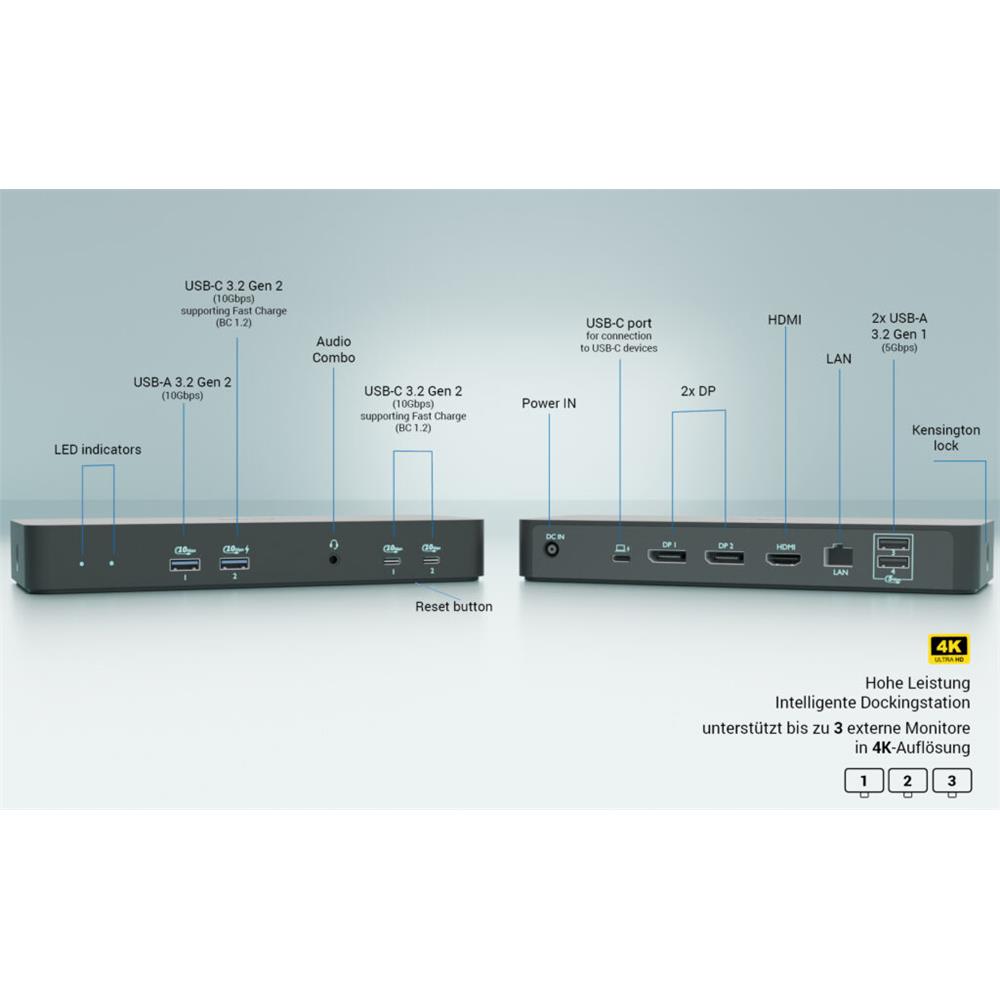 i-tec USB-C Intelligent Triple Display Docking Station mit Power Delivery 100 W – 3x 4K, LAN, Audio, VESA