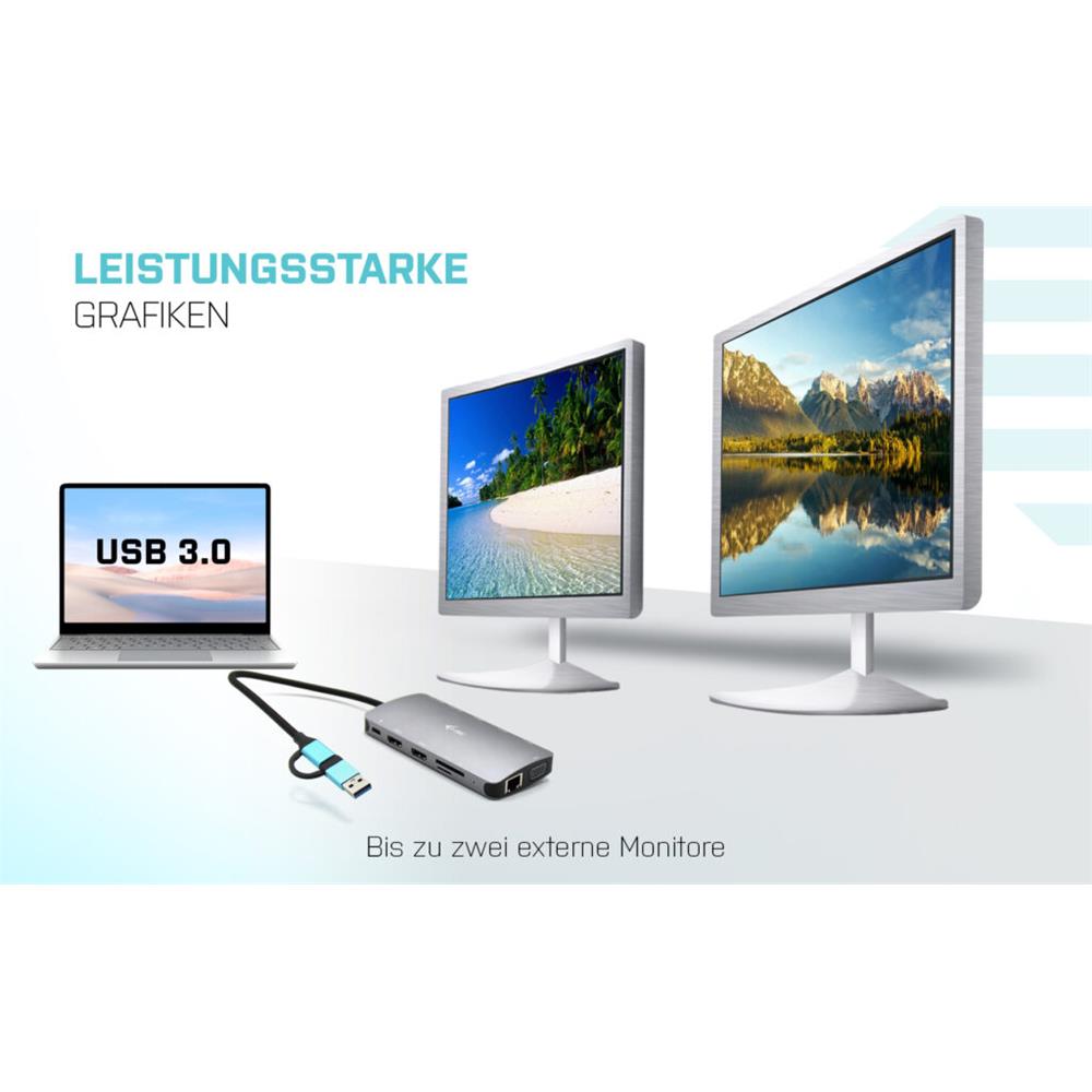 i-tec USB 3.0 USB-C/Thunderbolt 3x Display Metall-Nano-Dock mit LAN + Power Delivery 100 W