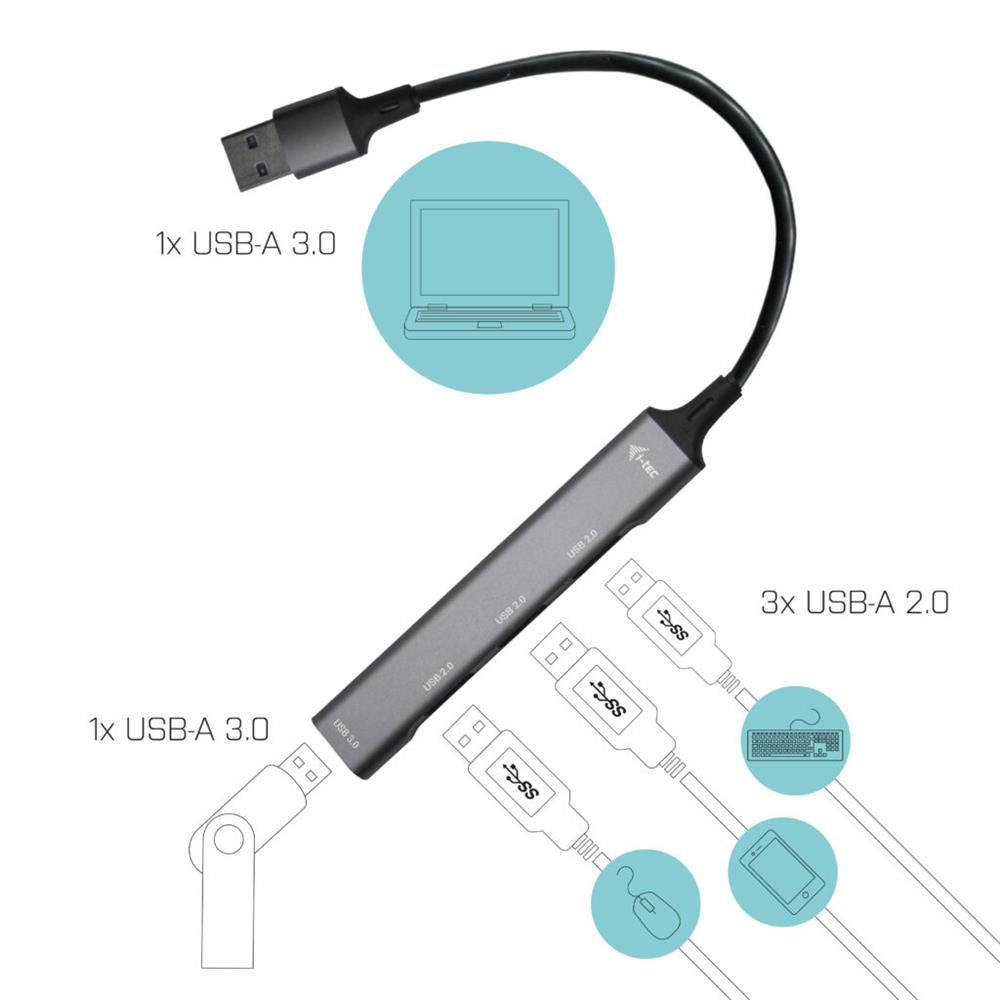 i-tec USB 3.0 Metal HUB 1x USB 3.0 + 3x USB 2.0 Kompatibel mit USB 3.0