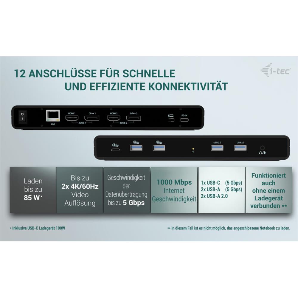 i-tec Universal Dual 4K Display Docking Station + Power Delivery 85W + Universal USB-C Charger 100 W