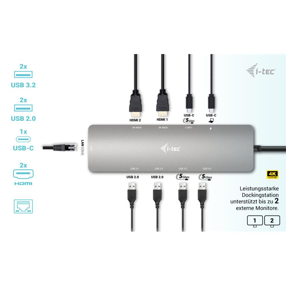 i-tec USB-C Metal Nano 2x Display Docking Station with PD 100 W + Charger 100W