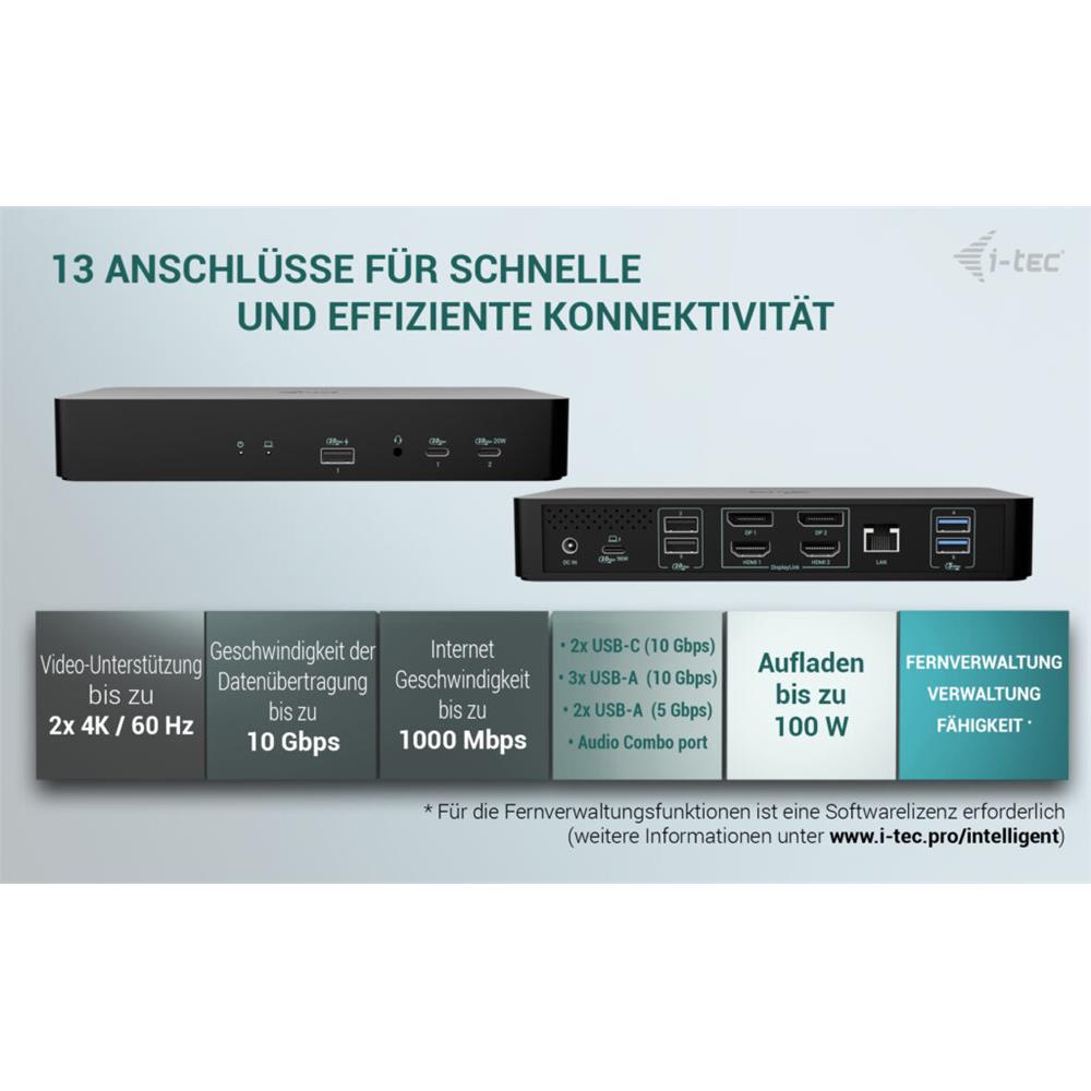 i-tec Universal Intelligent Dual Display Docking Station mit Power Delivery 100 W
