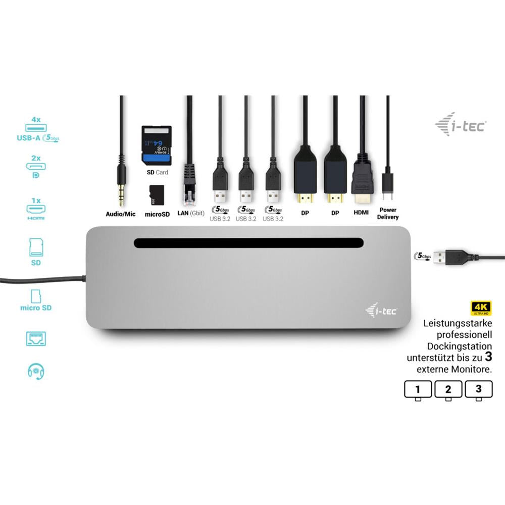 i-tec USB-C Metal Ergonomic 4K 3x Display Docking Station mit PD 100W + Universal Charger 100W