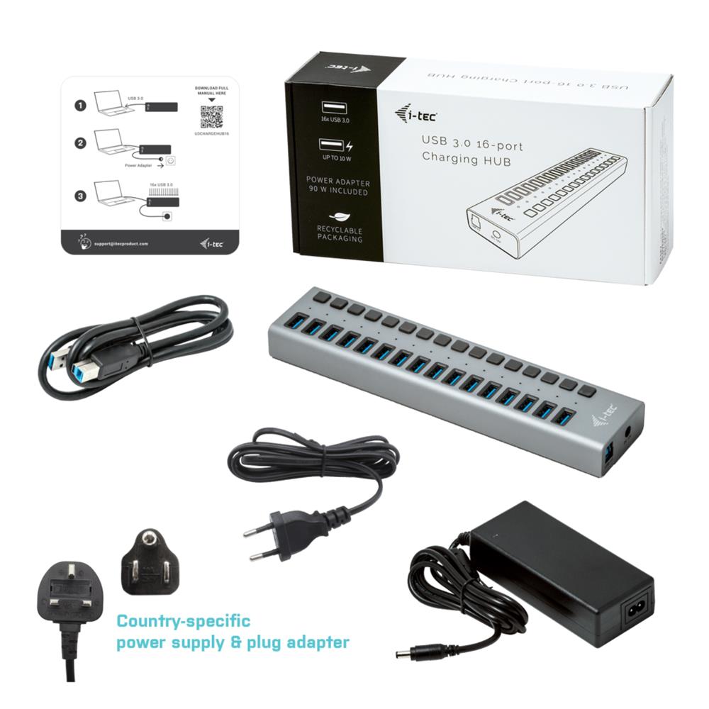 i-tec USB 3.0 Charging HUB 16-Port mit Netzadapter 90 W 16x USB 3.0 Ladeport für Notebook