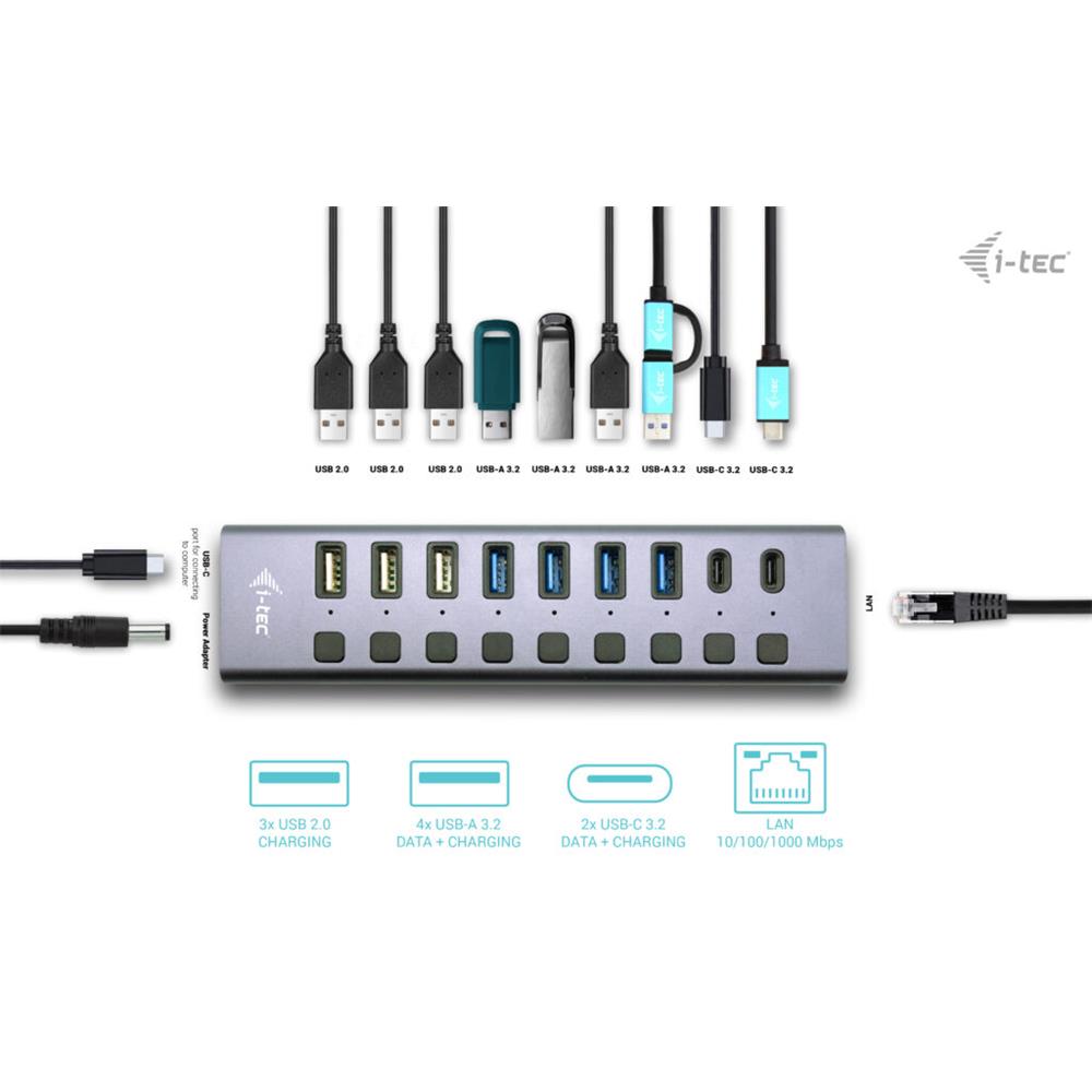 i-tec USB-A/USB-C Charging HUB 9port mit LAN + Power Adapter 60 W
