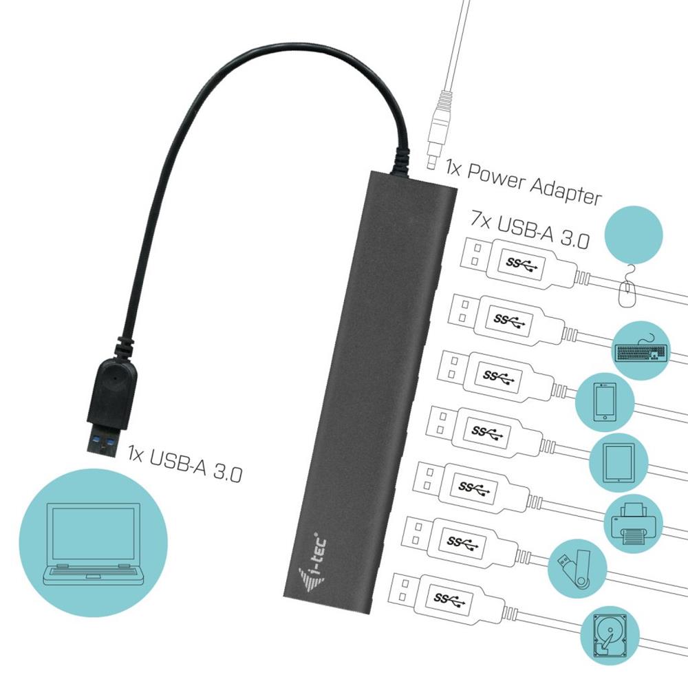i-tec USB 3.0 Metal Charging HUB 7 Port mit Netzadapter