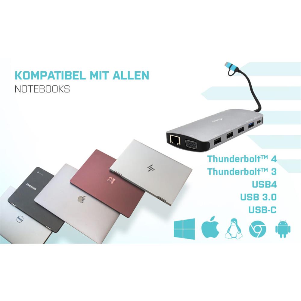 i-tec USB 3.0 USB-C/Thunderbolt 3x Display Metall-Nano-Dock mit LAN + Power Delivery 100 W