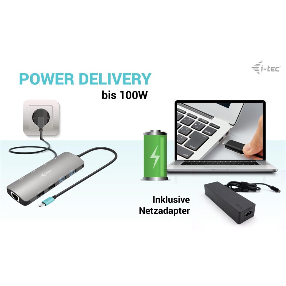 i-tec USB-C Metal Nano 2x Display Docking Station with PD 100 W + Charger 100W