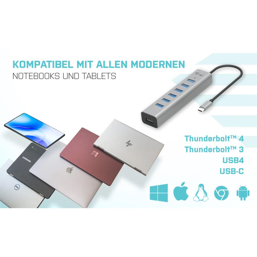 i-tec USB-C Ladegerät Metall HUB 7 Port für bis zu 7 Geräte