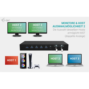 i-tec USB-C KVM Dock PRO – Dockingstation für 3 Hosts, Dual 4K Video, 2x Power Delivery bis 92 W