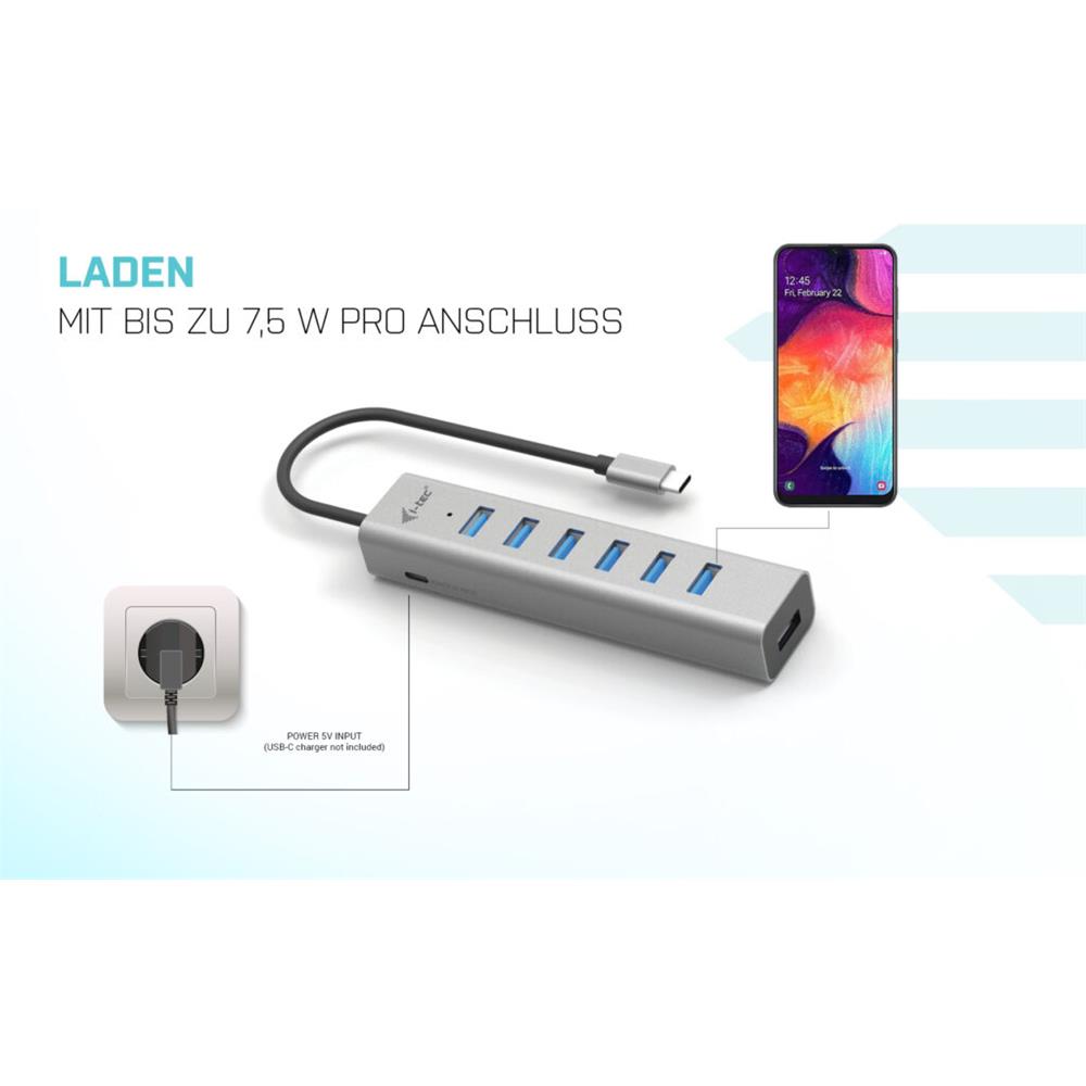 i-tec USB-C Ladegerät Metall HUB 7 Port für bis zu 7 Geräte