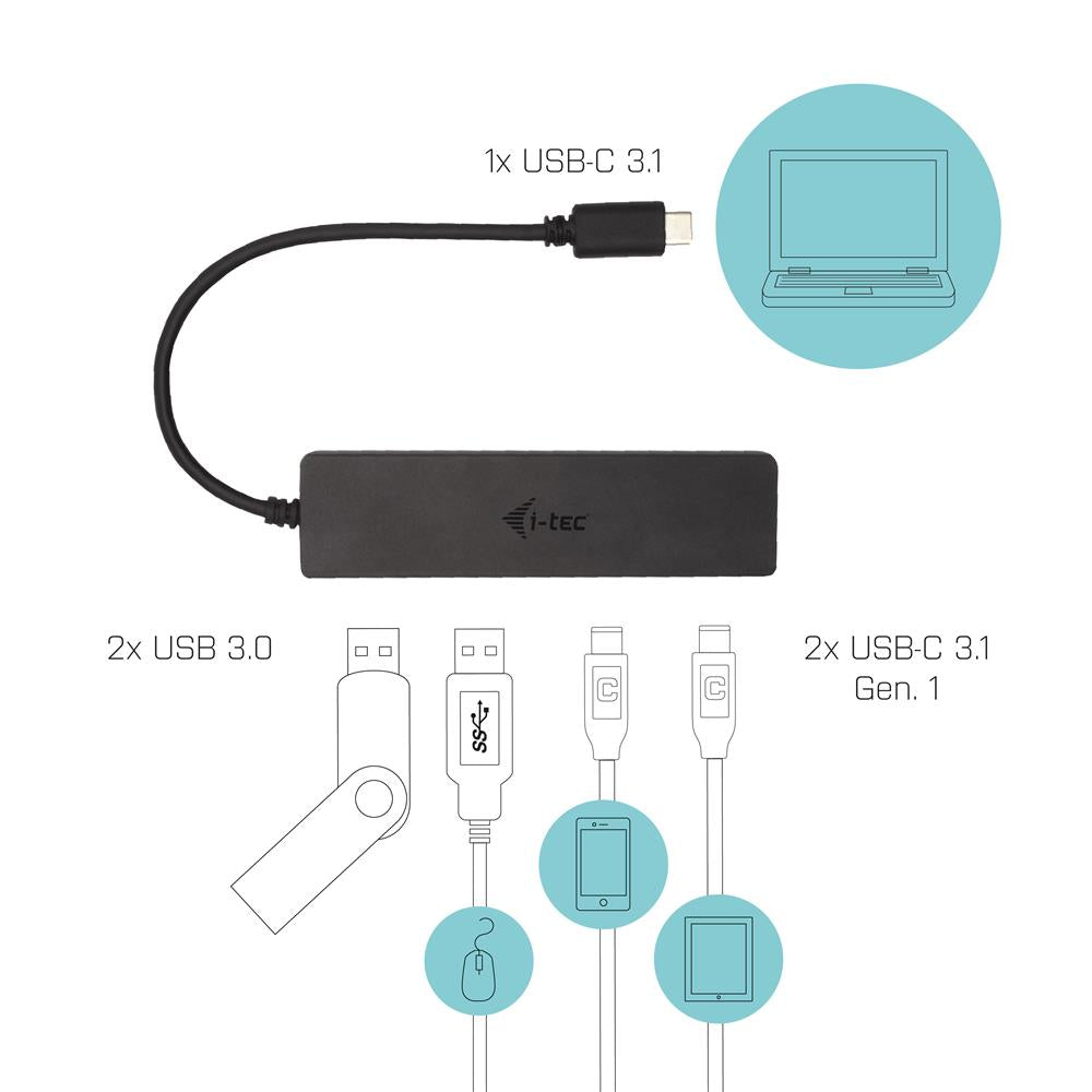 i-tec USB-C Metal HUB 2x USB 3.0 + 2x USB-C Schwarz mit integriertem USB-C-Kabel