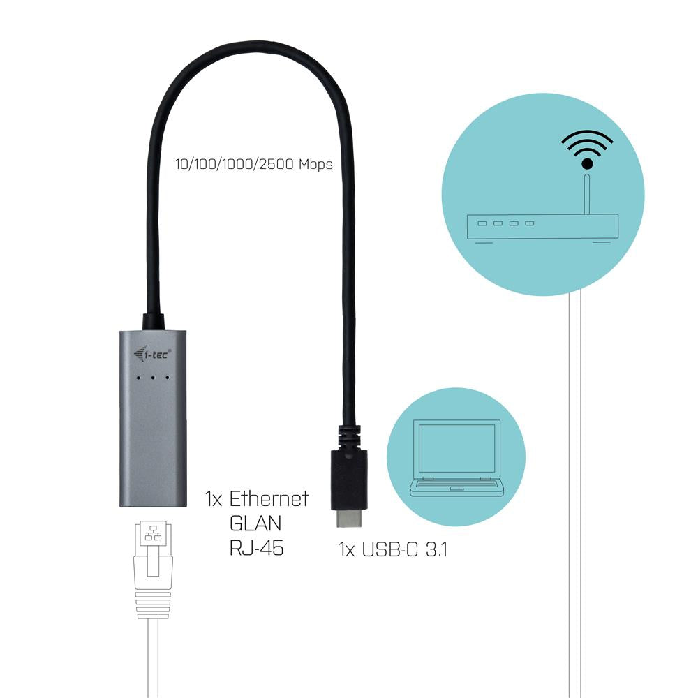 i-tec USB-C Metal 2.5Gbps Ethernet Adapter mit integriertem USB-C-Kabel