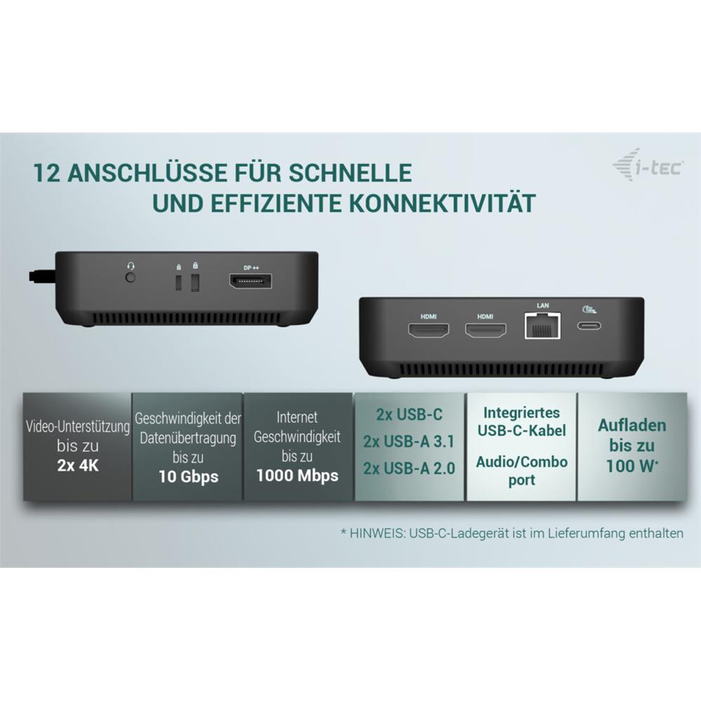 i-tec USB-C DP Dual HDMI Docking Station + 100-W-USB-C-Ladegerät – Triple 4K, LAN, Audio, VESA