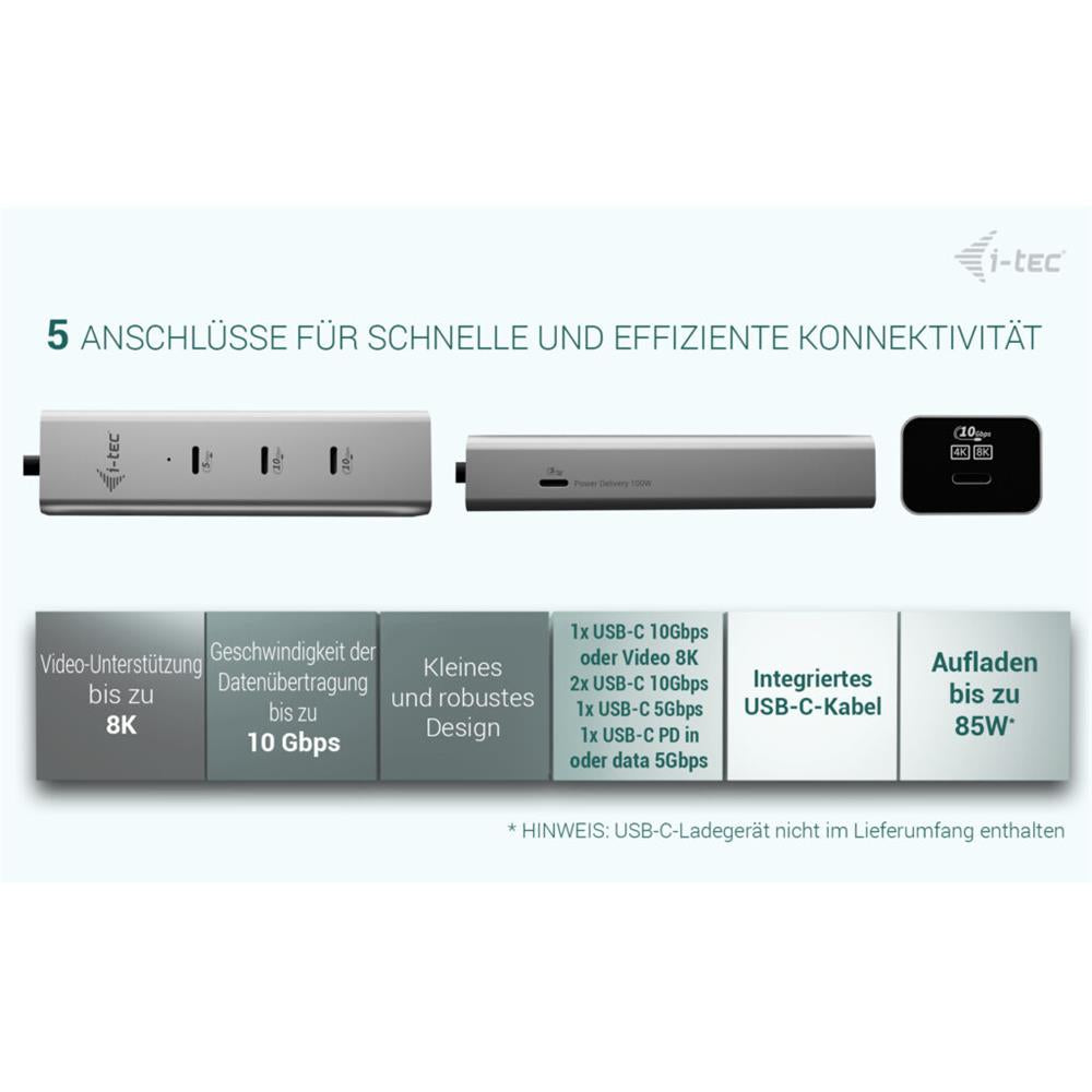 i-tec USB-C Charging Metal HUB 5port with USB-C video 8K + Power Delivery 85W