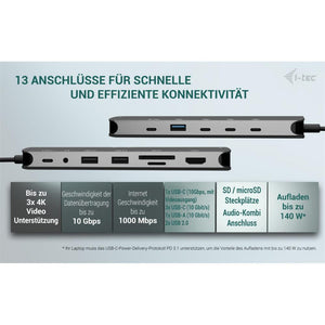 i-tec USB-C Metal Nano Dock – 3x Display (2x HDMI, 1x USB-C Video), Power Delivery 140 W + 140 W Ladegerät