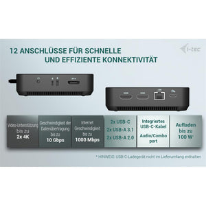 i-tec USB-C DP Dual HDMI Docking Station mit Power Delivery 100 W – Triple 4K, DP 1.4, LAN, Audio, VESA