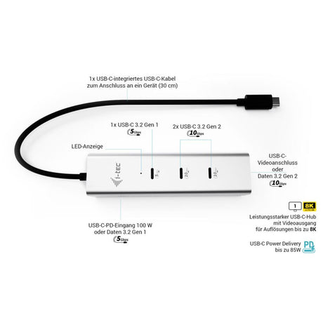 i-tec USB-C Charging Metal HUB 5port with USB-C video 8K + Power Delivery 85W