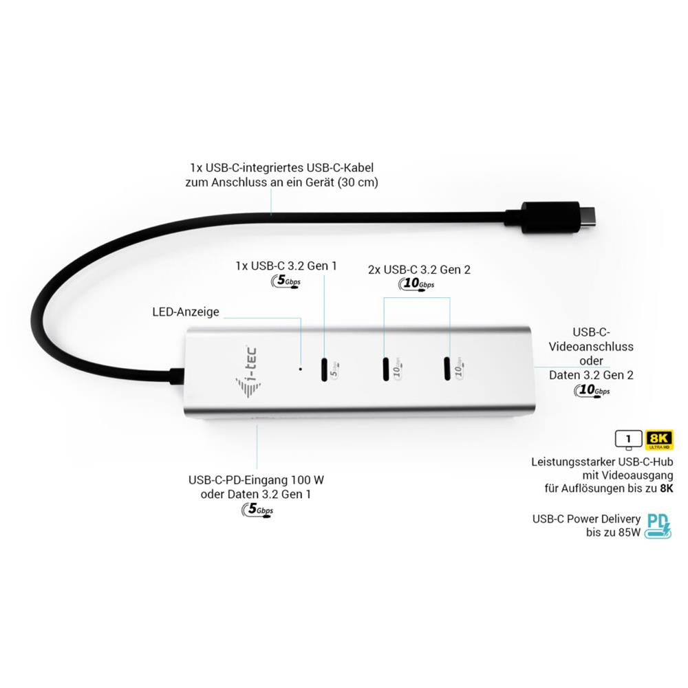 i-tec USB-C Charging Metal HUB 5port with USB-C video 8K + Power Delivery 85W