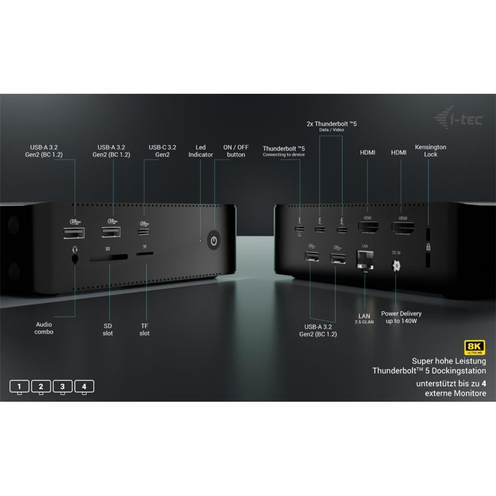 i-tec Thunderbolt5 Quattro Display Docking Station, 5x USB, 2.5 GLAN + Power Delivery 140W