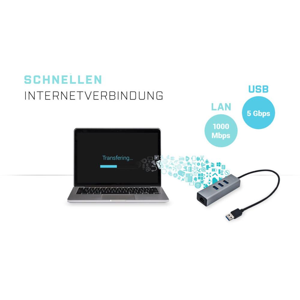 i-tec USB 3.0 Metal 3-Port HUB mit Gigabit Ethernet Adapter